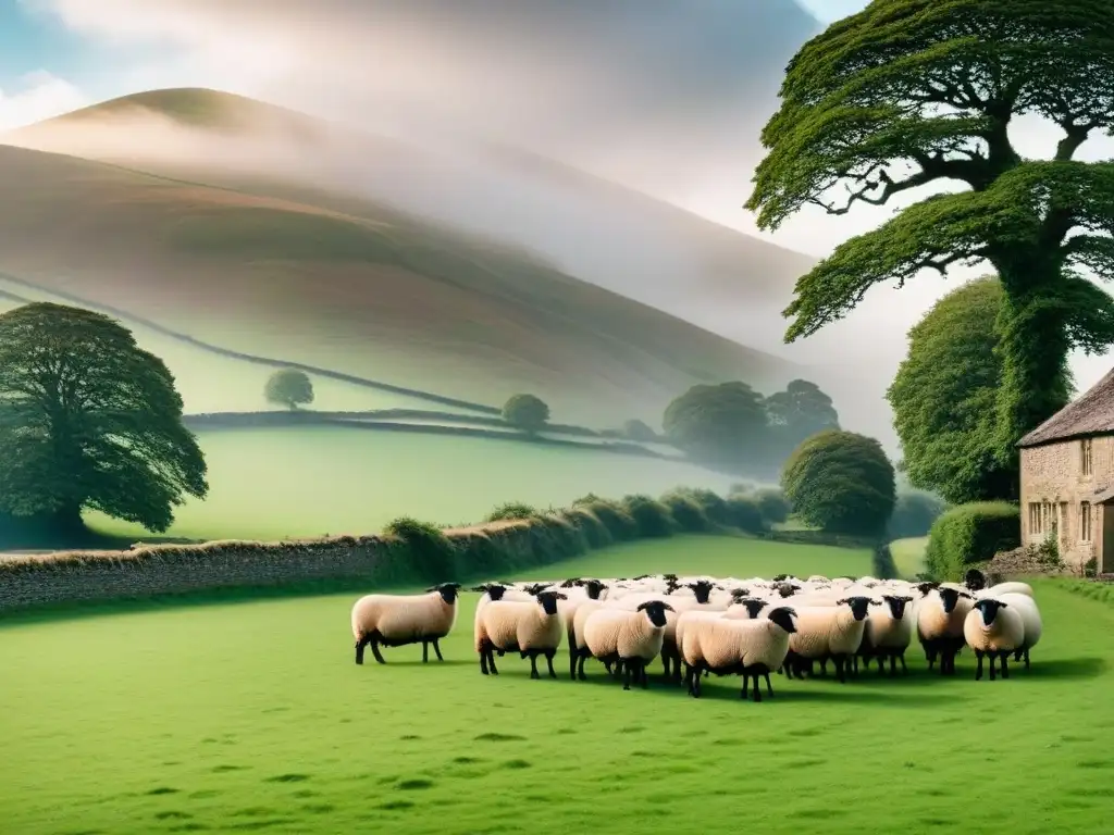 Paisaje sereno de campo inglés con colinas verdes, cabaña de piedra y ovejas pastando