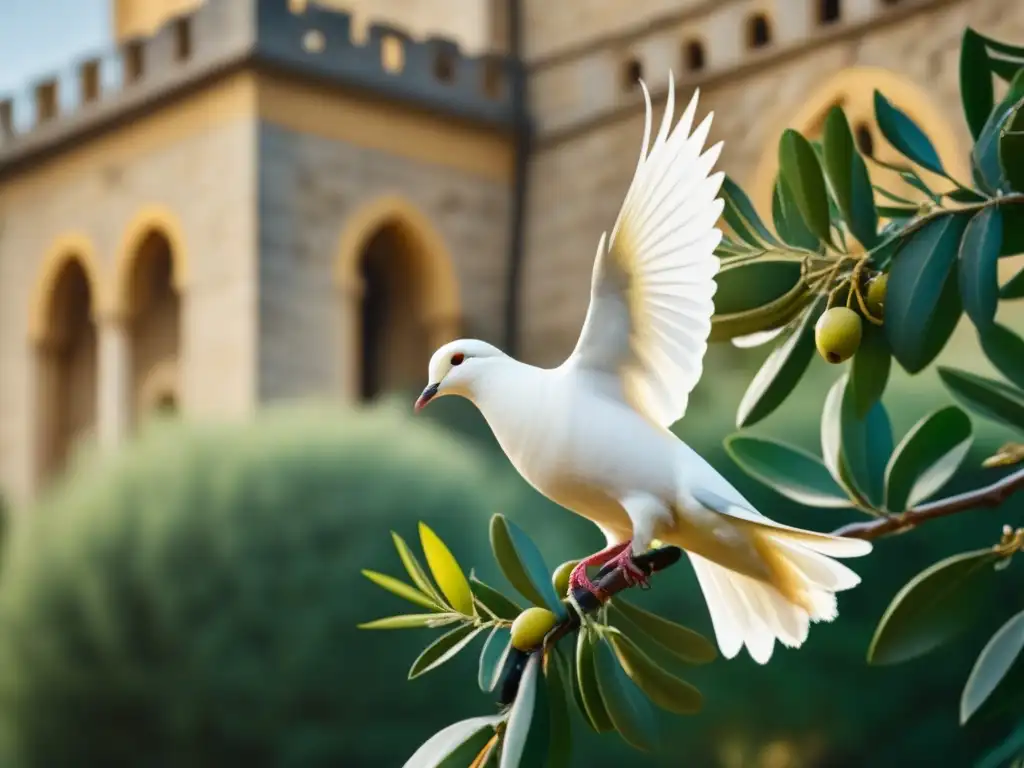 Una paloma blanca majestuosa con rama de olivo dorada, símbolo de paz, junto a un castillo medieval español