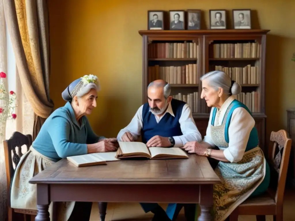 Una pareja de ancianos armenios revisa con cariño documentos familiares en un ambiente tradicional con decoración armenia