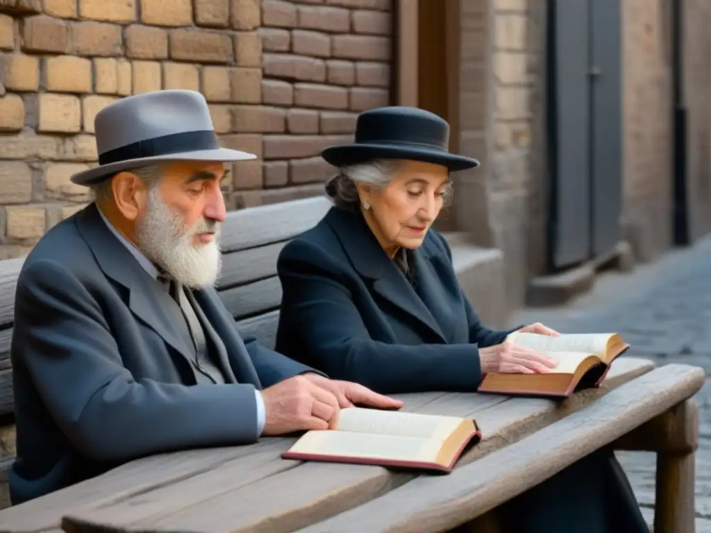 Una pareja de ancianos judíos en un callejón empedrado, él lee un libro en hebreo y ella mira con nostalgia y esperanza