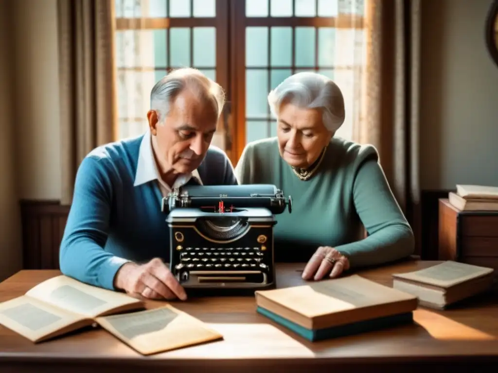 Una pareja mayor escaneando fotos antiguas y transcribiendo árbol genealógico