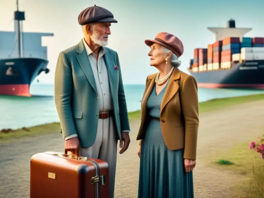 Una pareja de migrantes mayores, con un equipaje desgastado, mirando hacia un horizonte esperanzador