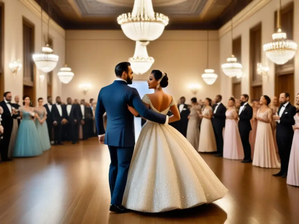 Parejas elegantemente vestidas bailan en un lujoso salón de baile de principios de 1900, ambientado con candelabros brillantes y una banda en vivo