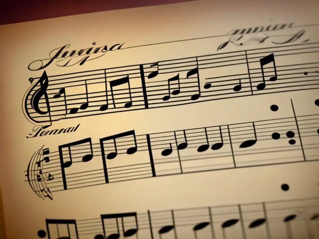 Partitura vintage con apellidos entrelazados en caligrafía y notas musicales