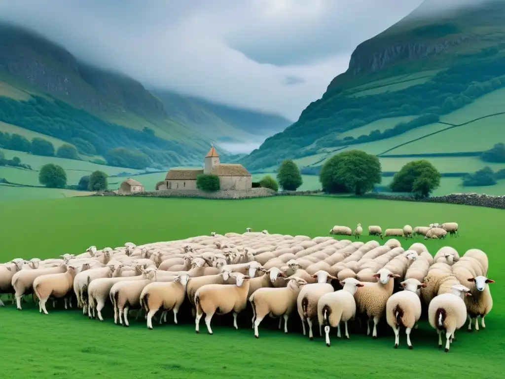 Pastoral escena con rebaño de ovejas pastando bajo cielo azul y pastor tranquilo