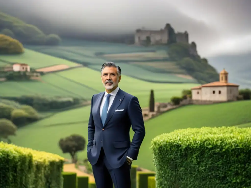 El patriarca Don Fernando Longoria posa orgulloso frente a su ancestral hogar en Asturias, España, simbolizando la historia del apellido Longoria