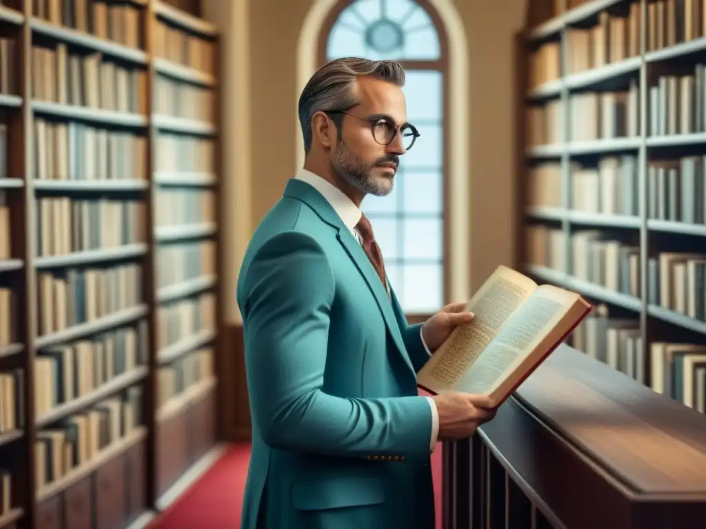 Persona en biblioteca, genealogía antigua, lupa en mano