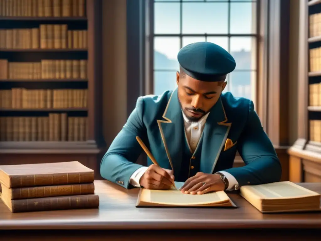 Persona investigando documentos antiguos con lupa en escritorio de madera, rodeada de libros y pergaminos polvorientos