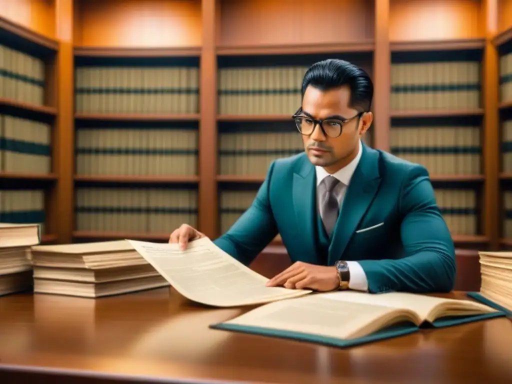 Persona revisando documentos legales en una oficina vintage, con libros de leyes al fondo