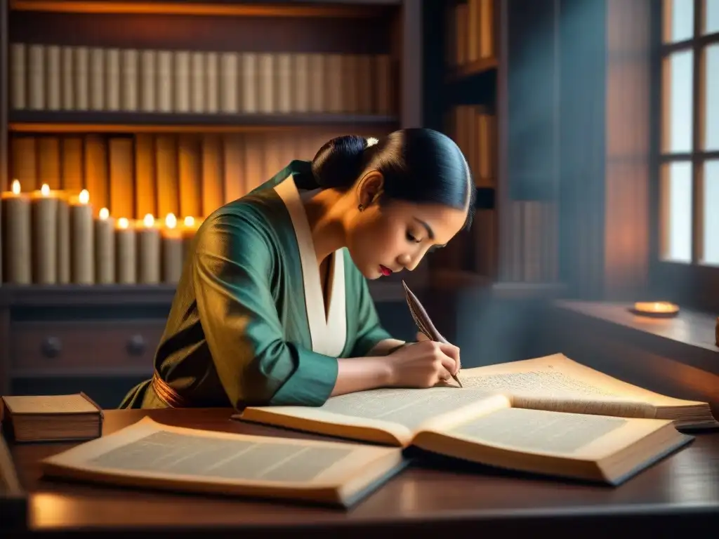 Persona en habitación antigua, escribiendo registros genealógicos con caligrafía, rodeada de libros y plumas