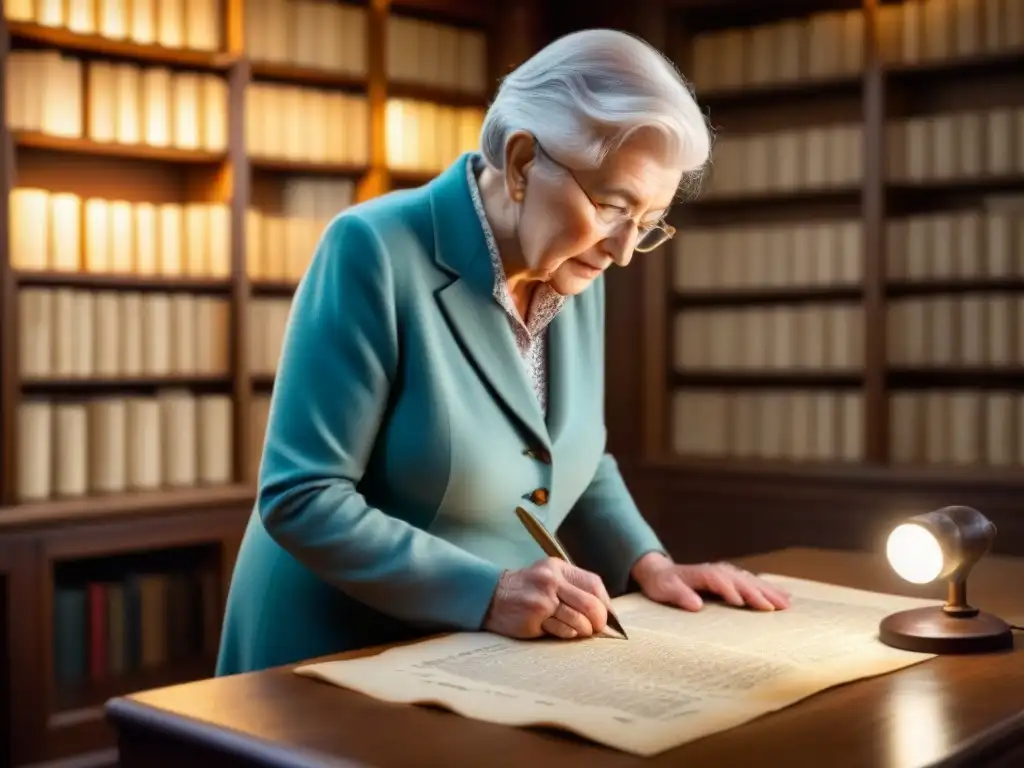 Persona mayor examina un árbol genealógico en pergamino antiguo, iluminado por lámpara vintage en acogedora biblioteca