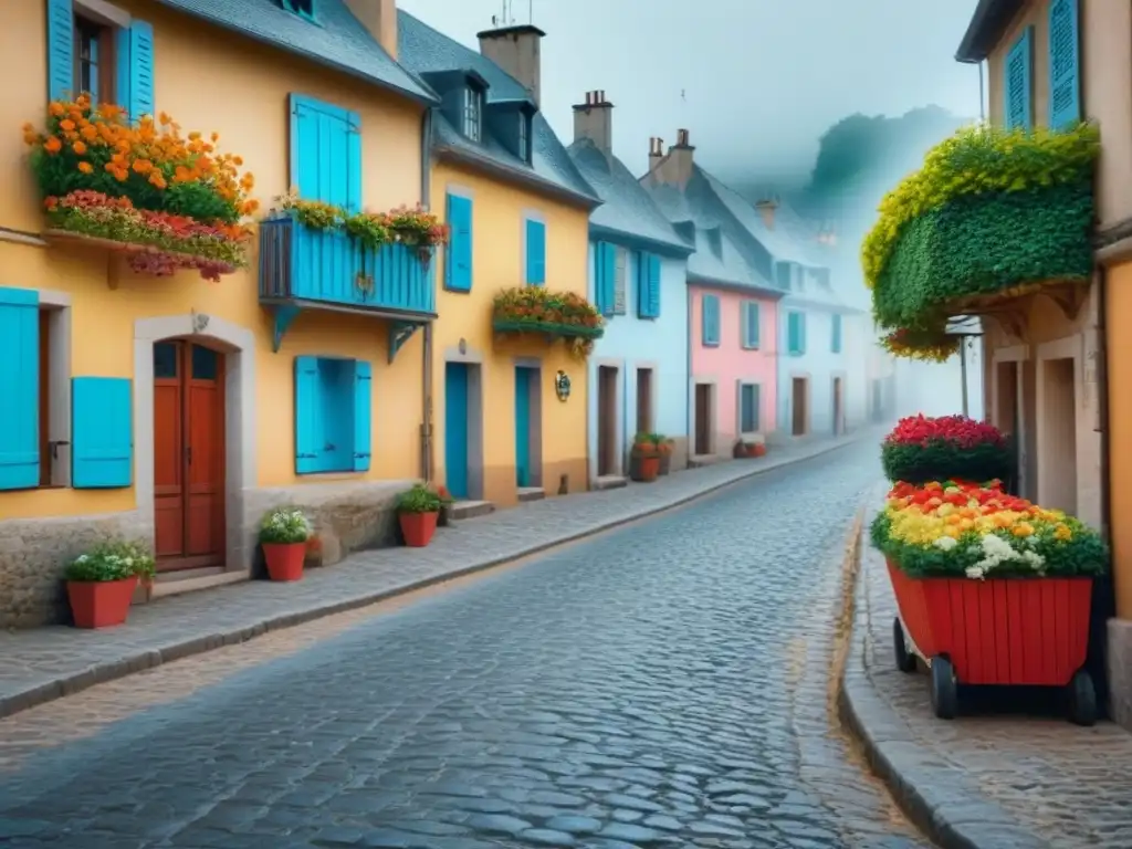 Pintoresco pueblo francés con calles empedradas, casas coloridas y locales en atuendo tradicional