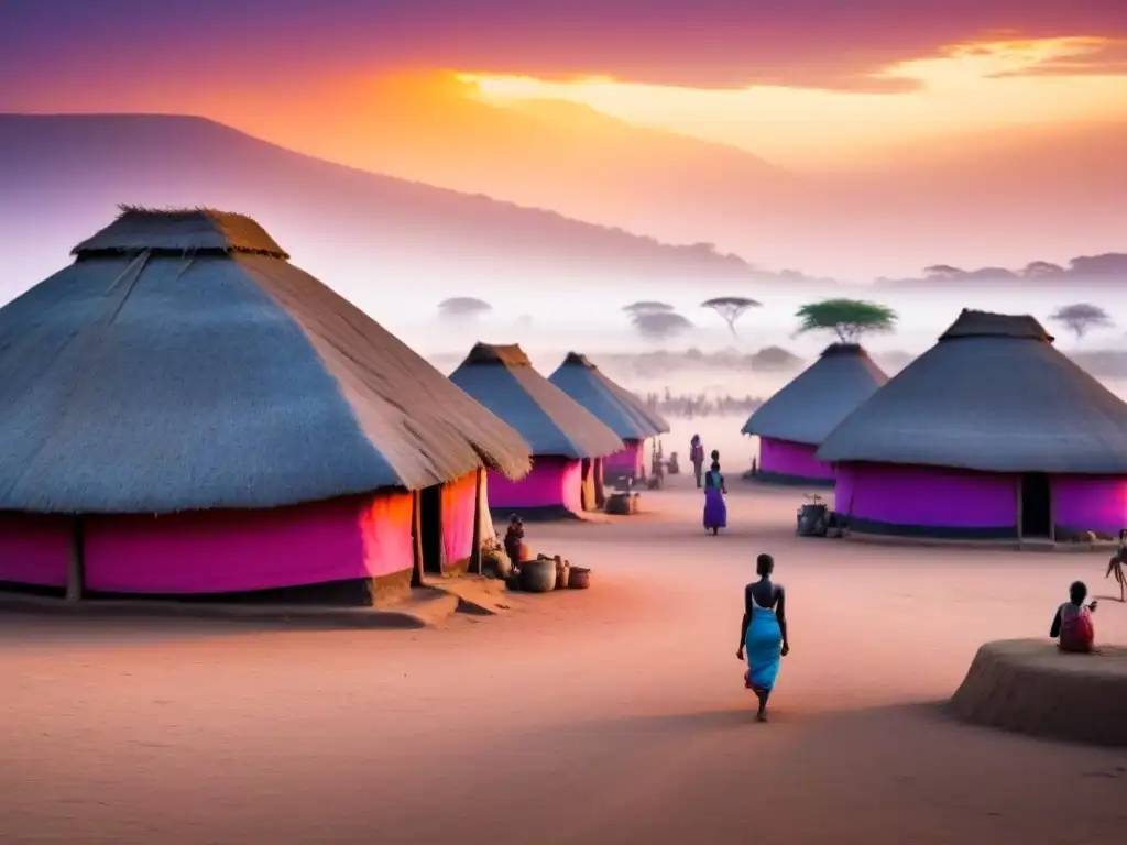 Pintura de una aldea africana al atardecer, con casas de barro bajo un cielo anaranjado, rosa y morado