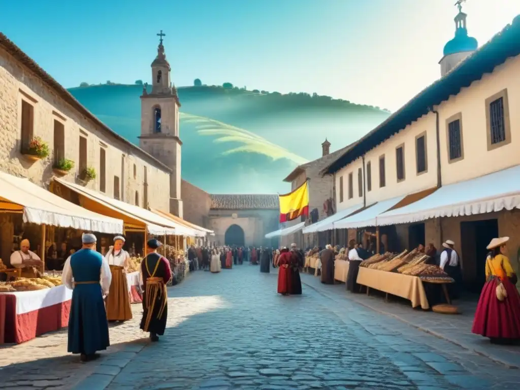 Pintura de un animado mercado medieval en un pueblo español, con una iglesia de piedra y coloridos puestos de comercio