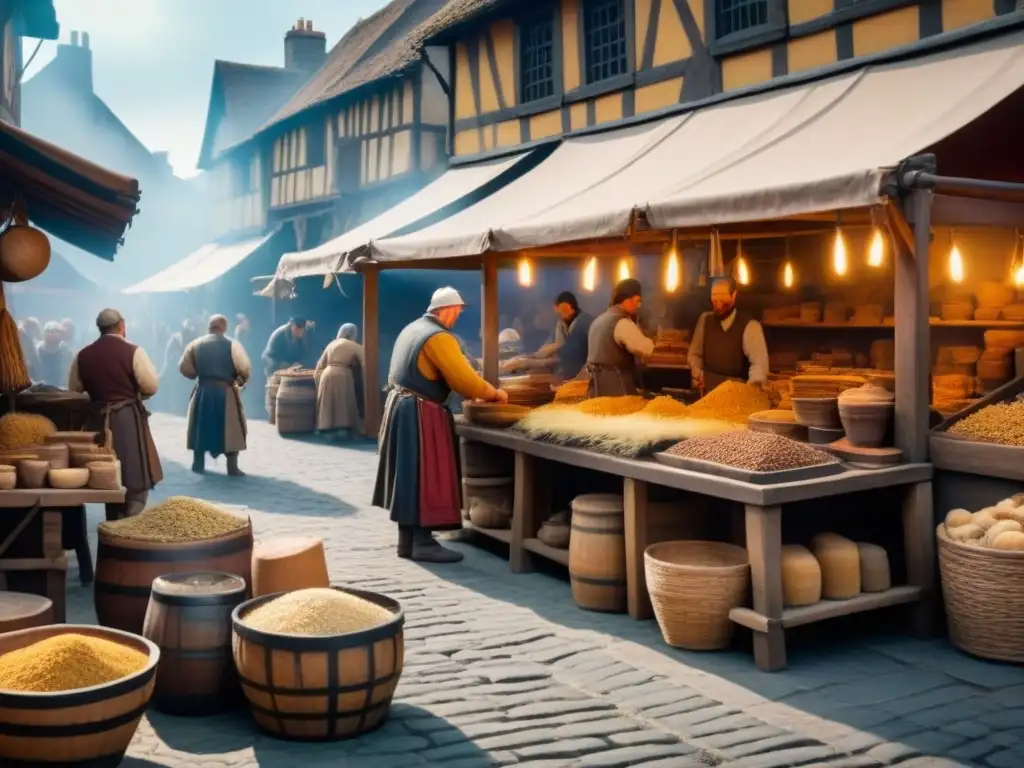 Pintura detallada de un bullicioso mercado medieval con artesanos y trabajadores de varios oficios