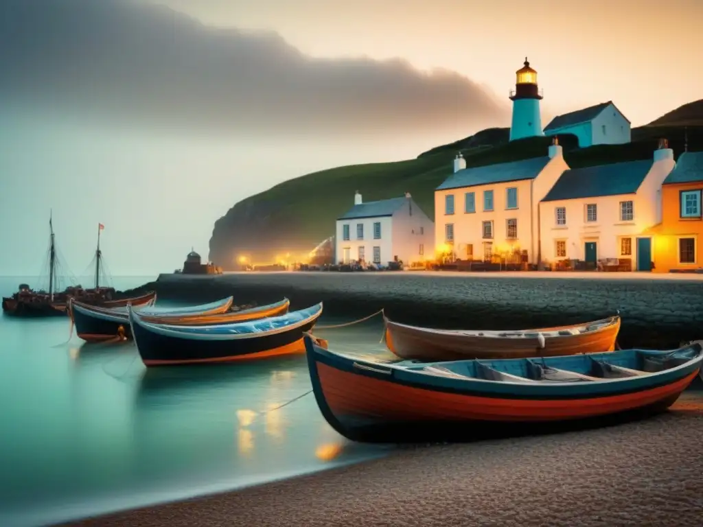 Pintura detallada de un pueblo costero al atardecer, con barcos pesqueros, gaviotas y pescadores preparando redes