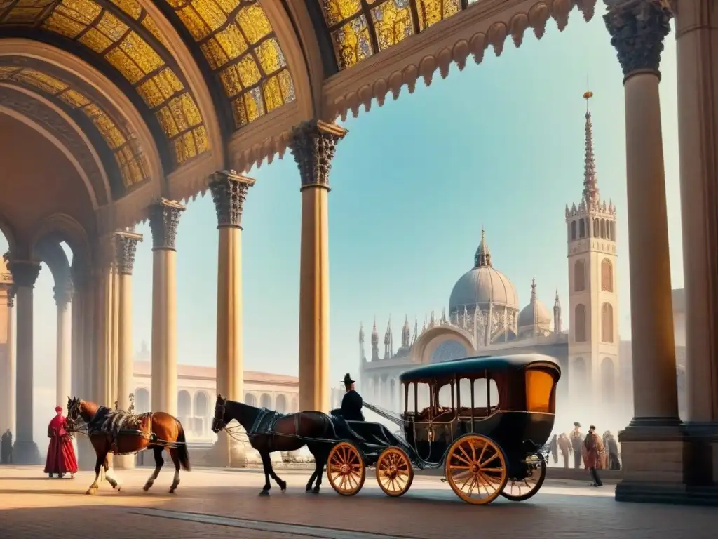 Una pintura detallada y vintage de una gran basílica con palacio al fondo, figuras históricas y mercados bulliciosos