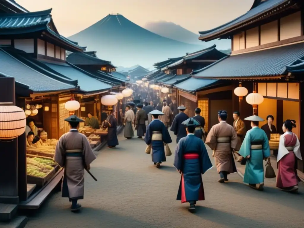 Pintura japonesa del periodo Edo mostrando una concurrida feria con samuráis, comerciantes y campesinos, reflejando la estratificación social