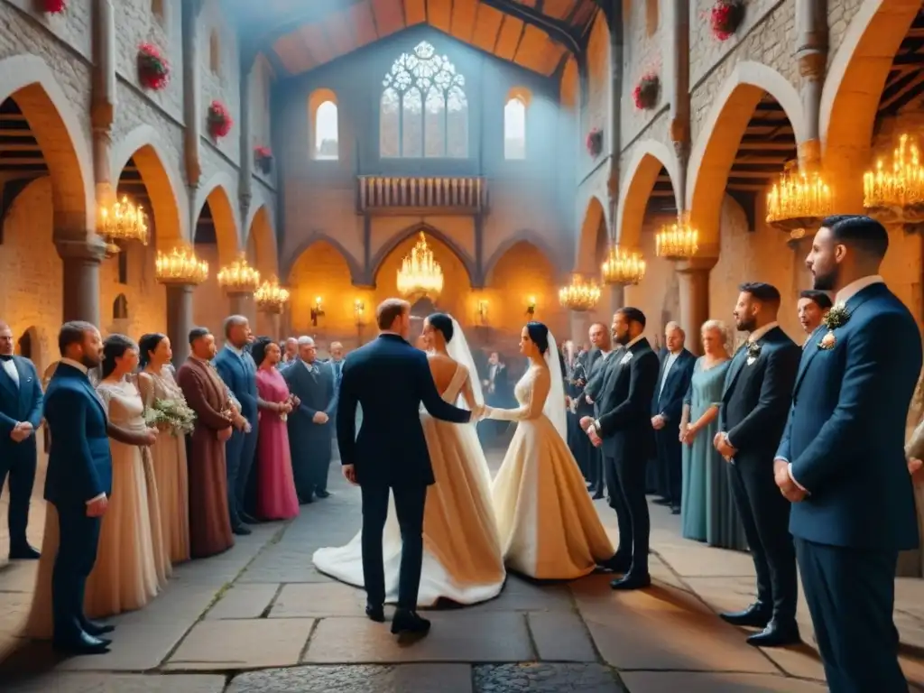 Pintura vintage de una boda real en un castillo medieval, con nobles vestidos de época y un mar de emociones