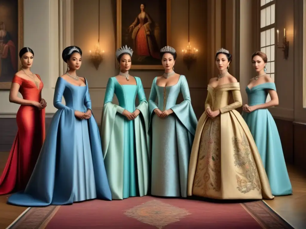 Una pintura vintage detallada de mujeres nobles de diferentes épocas en un salón majestuoso, destacando el rol de la mujer en linajes nobiliarios