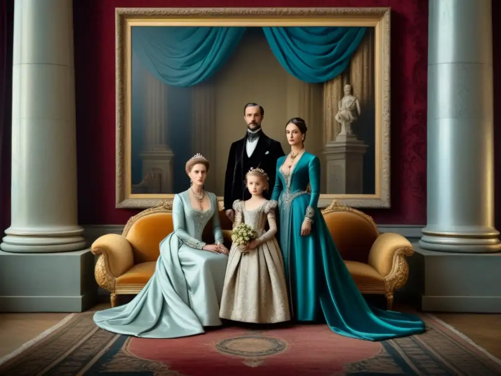 Una pintura vintage grandiosa retrata una familia aristocrática en decadencia, rodeada de lujo desgastado