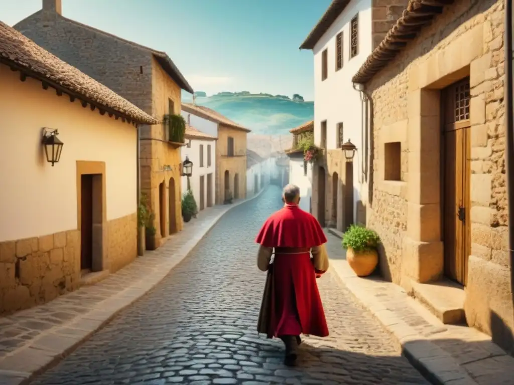 Pintura vintage de un pueblo medieval español con calles empedradas, edificios de piedra y habitantes vestidos tradicionalmente