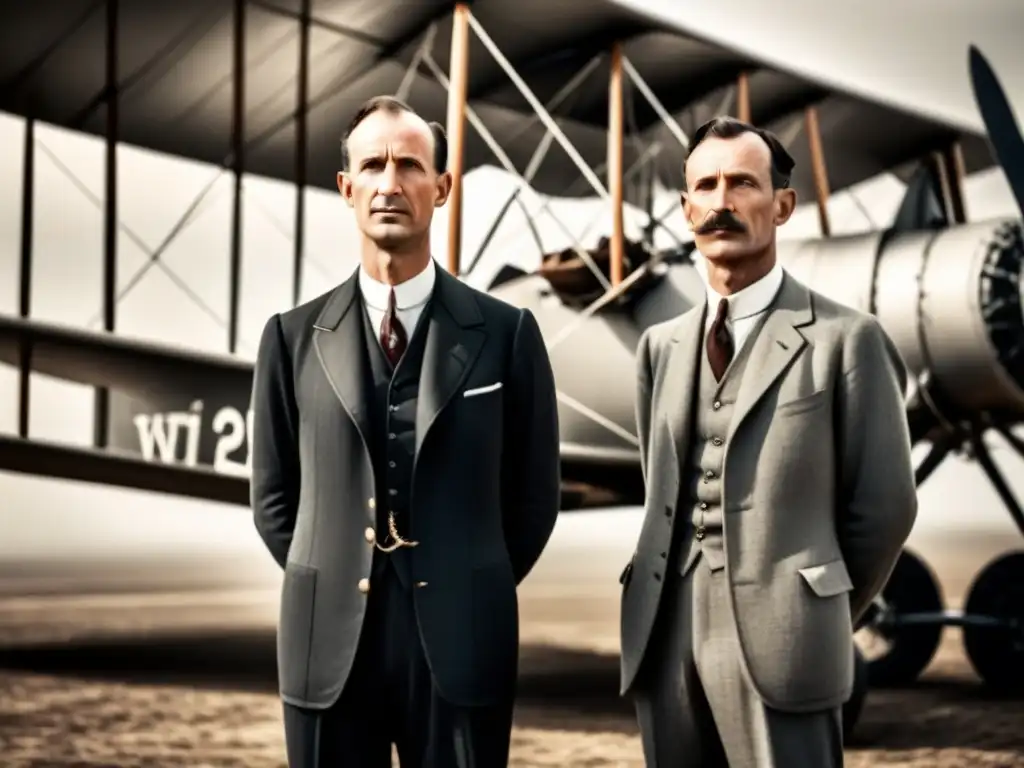 Los pioneros hermanos Wright posan junto a su icónico avión Flyer, destacando la historia del apellido Wright