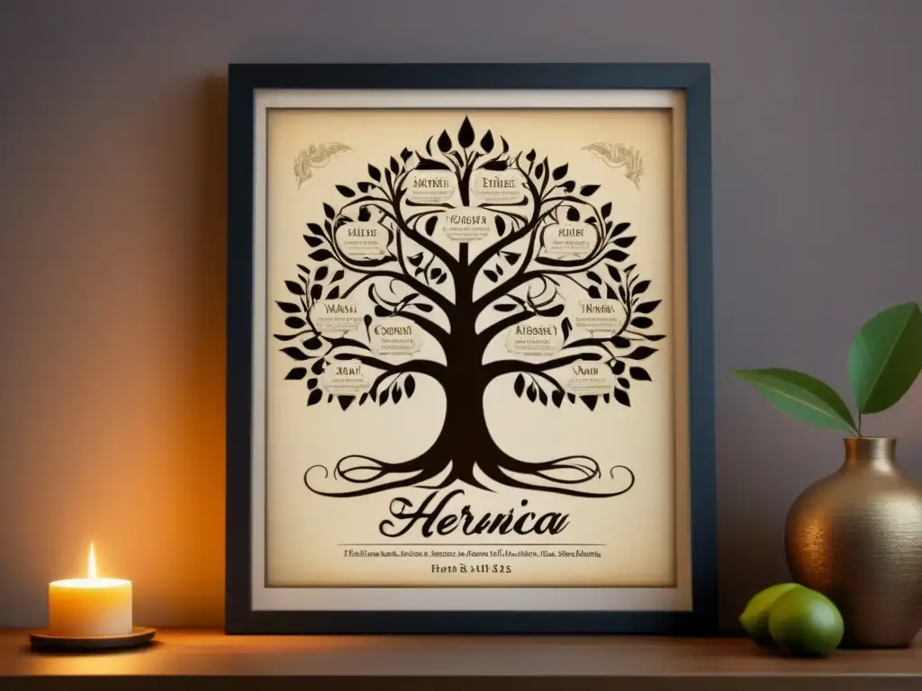 Plataformas genealogía apellidos hispanos: Un árbol genealógico vintage con nombres y fechas en caligrafía, evocando historia y tradición