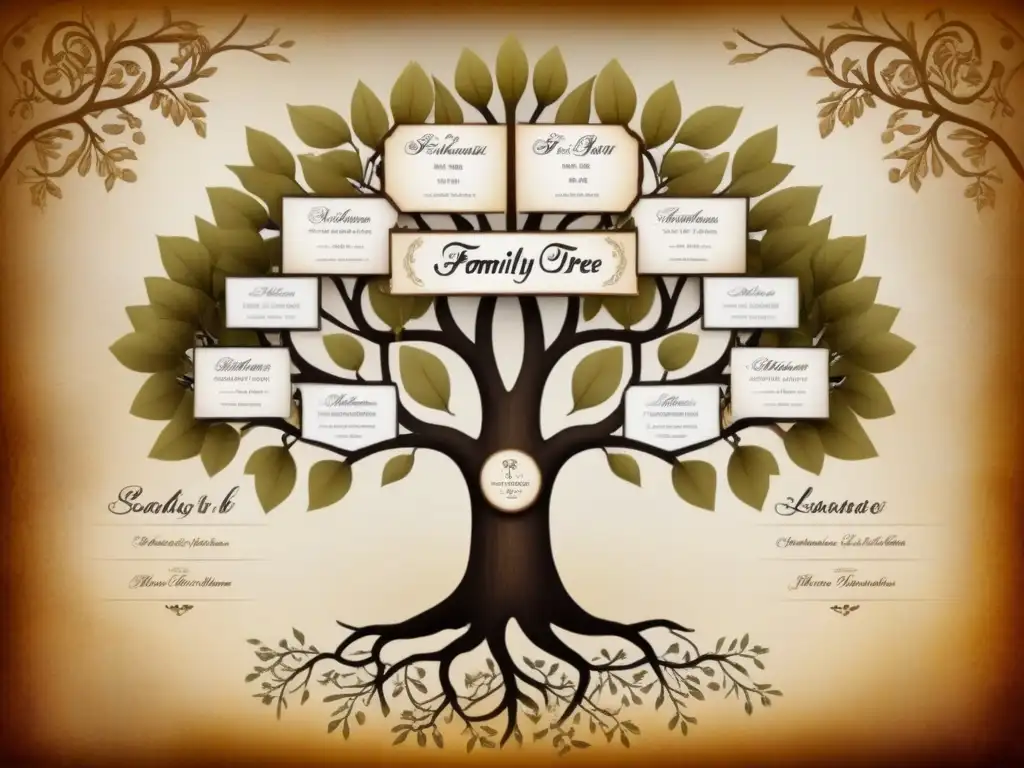 Plataformas genealogía seguras comparativa: Detallado árbol genealógico vintage con caligrafía ornamental y textura de pergamino en tonos sepia