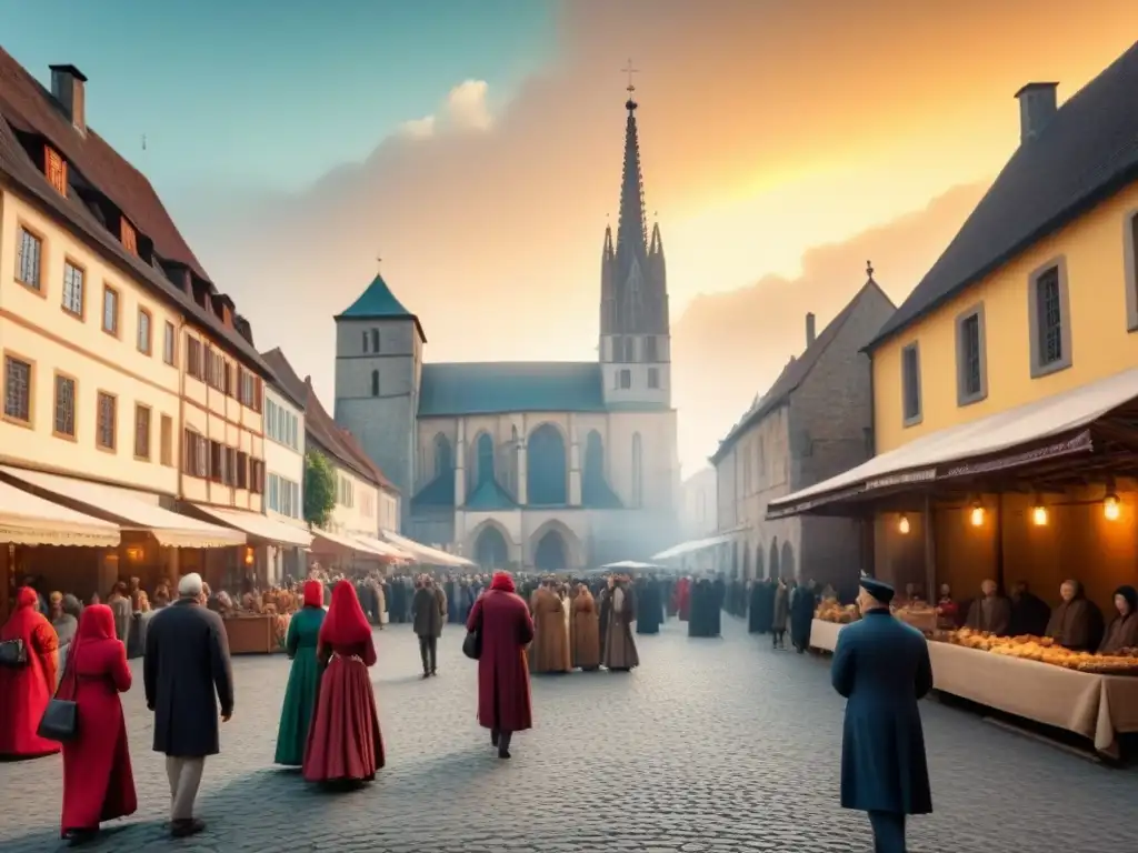 Una plaza medieval europea bulliciosa con una catedral al fondo