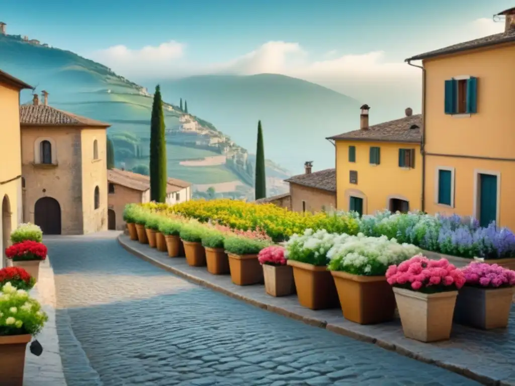 Plaza italiana histórica con edificios coloridos, lugareños en trajes tradicionales y viñedos al fondo