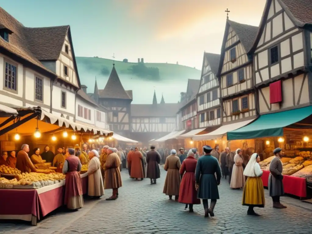 Una plaza medieval bulliciosa con gente de diversas culturas, vestimentas y juegos tradicionales