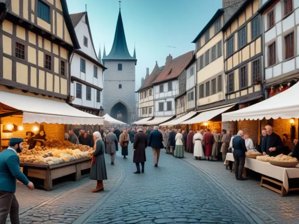 Plaza medieval con gente de diversas culturas y actividades, reflejando la historia de apellidos y linajes