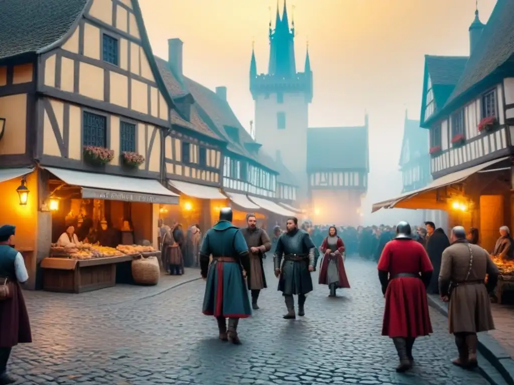 Una plaza medieval llena de actividad: comerciantes, caballeros y aldeanos