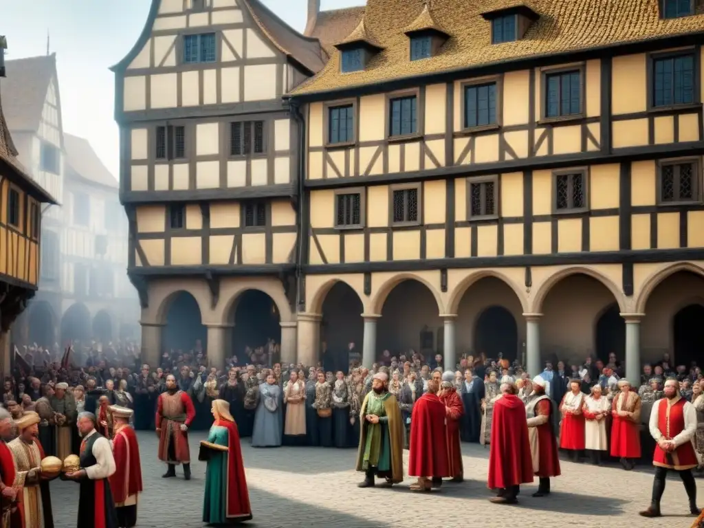 Una plaza medieval llena de gente de diferentes linajes con escudos de armas, mostrando la evolución de la historia de los apellidos