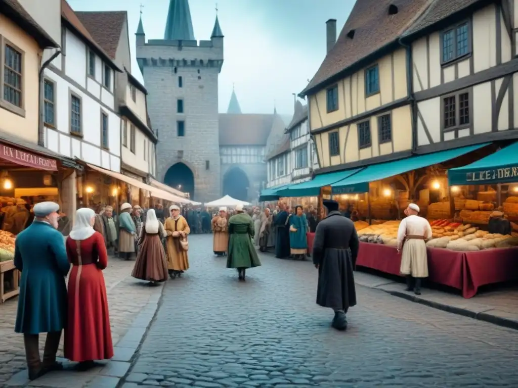 Una plaza medieval llena de vida con un castillo al fondo, mercaderes y lugareños