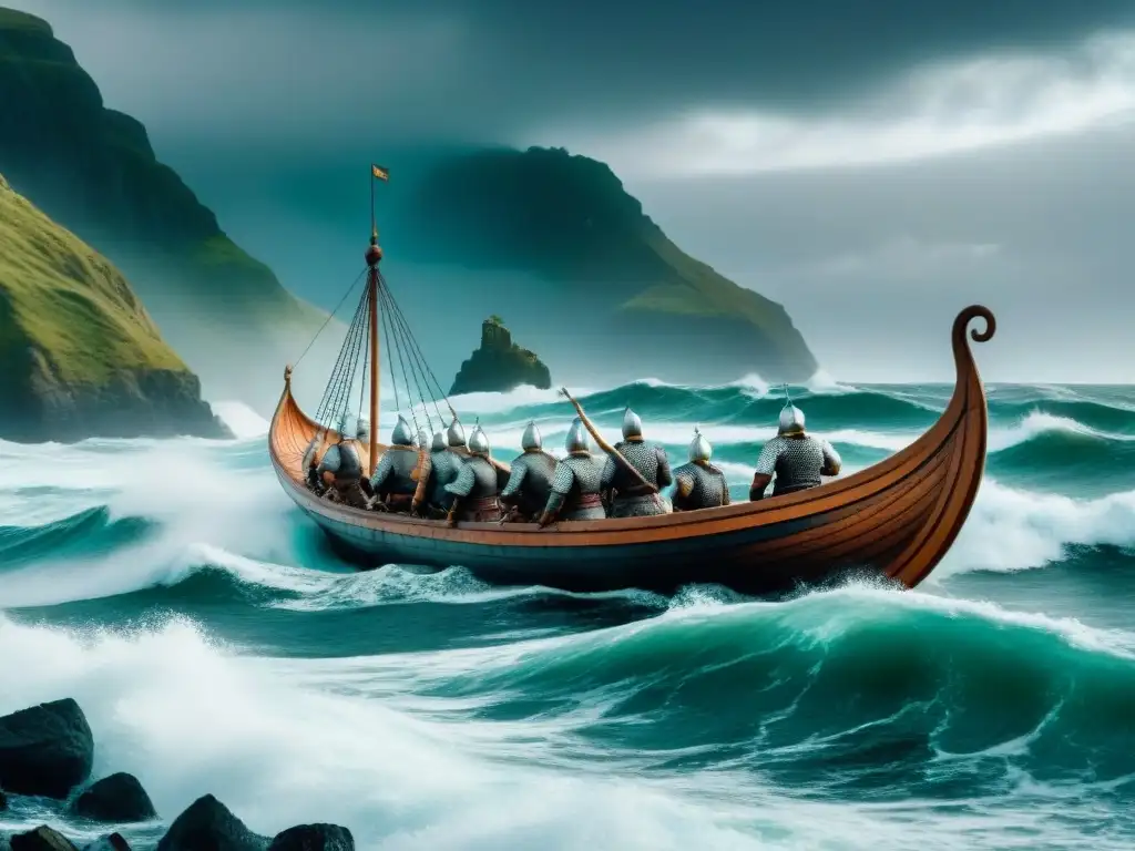 Un poderoso drakkar vikingo en alta mar durante una tormenta, con guerreros y escudos, rodeado de olas furiosas