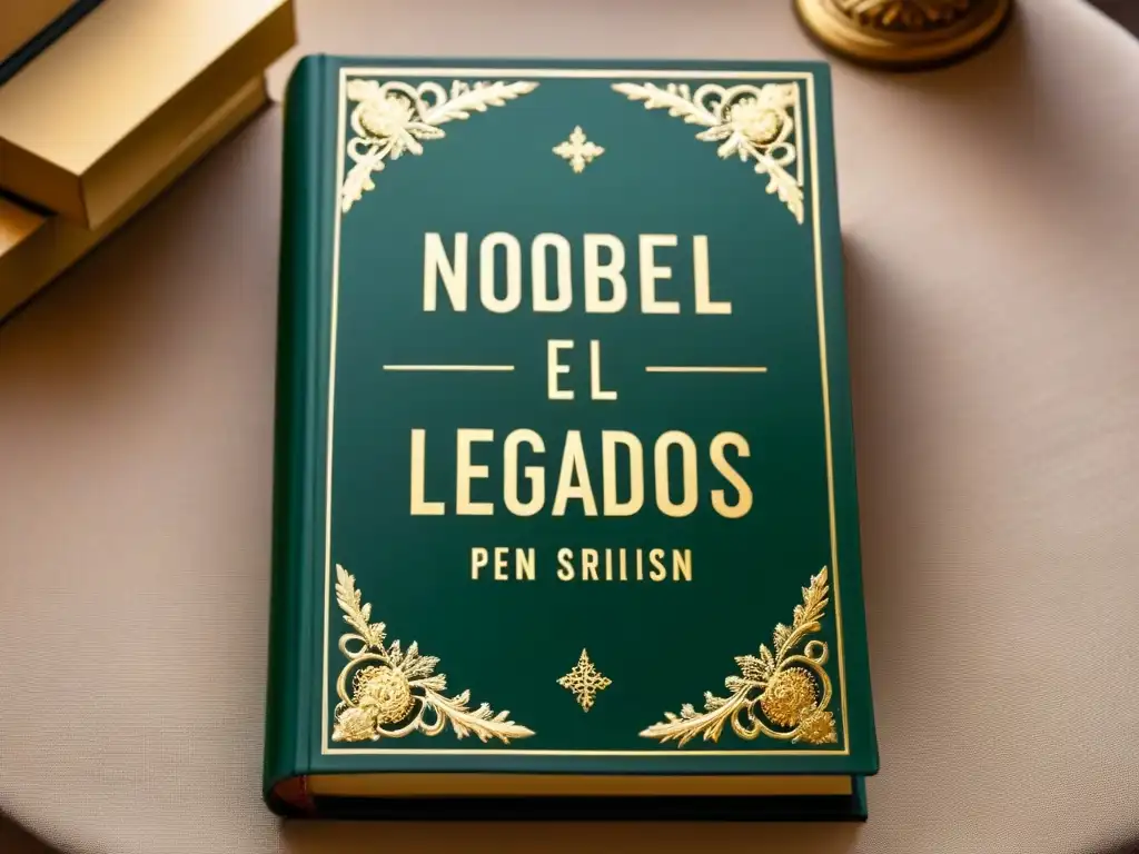 Portada vintage con historia apellidos Nobel Pulitzer entrelazados en filigrana dorada y motivos académicos, emitiendo aura de significado histórico