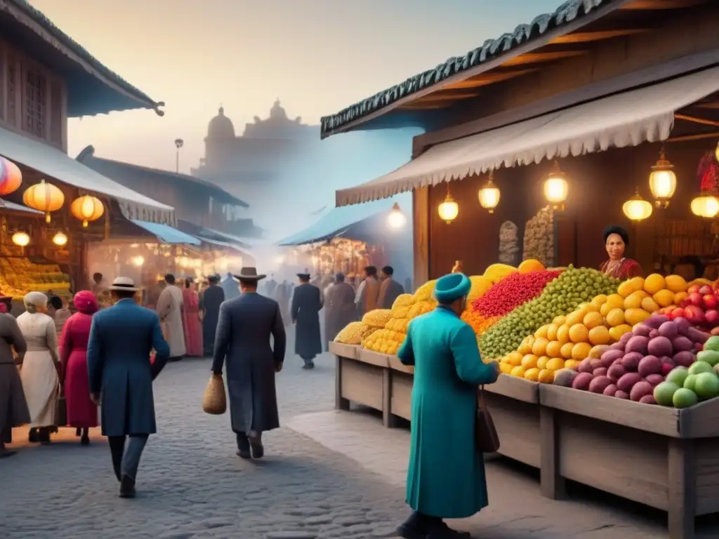 Mercado ancestral: colores y tradiciones en la época de los Zamudio Una fotografía vintage meticulosamente preservada de un bullicioso mercado de antaño, donde hombres y mujeres negocian textiles y frutas exóticas