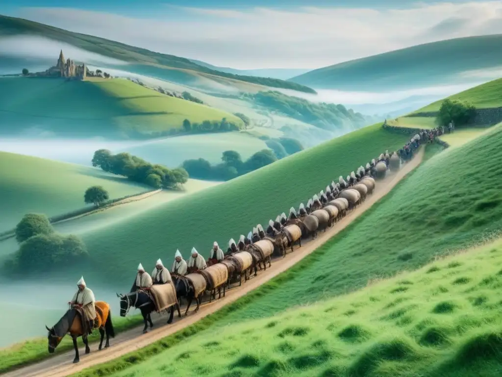 Una procesión de peregrinación medieval avanza por el campo, mostrando historia y tradición de peregrinaciones medievales