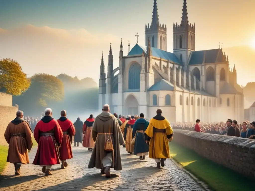 Una procesión de peregrinación medieval hacia la catedral al atardecer