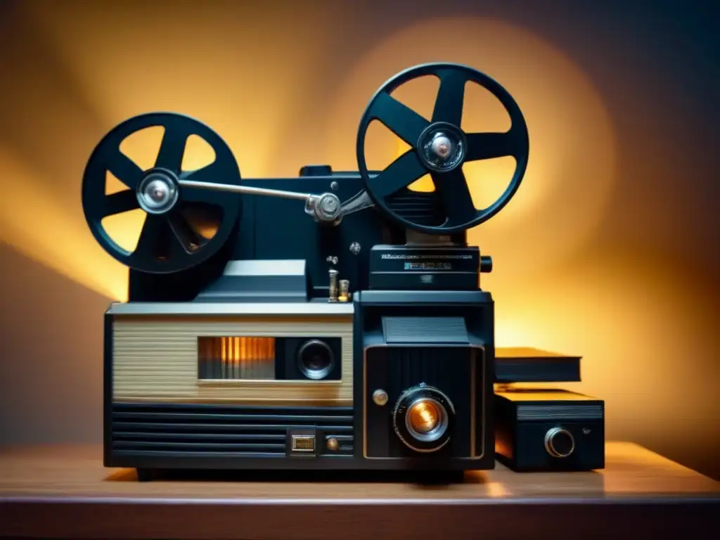 Proyector antiguo iluminando cintas VHS y rollos de película, salvaguardando recuerdos familiares en video