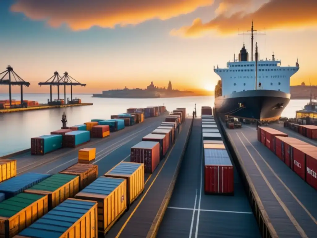 Un puerto del siglo XIX con barcos y trabajadores descargando mercancías al atardecer