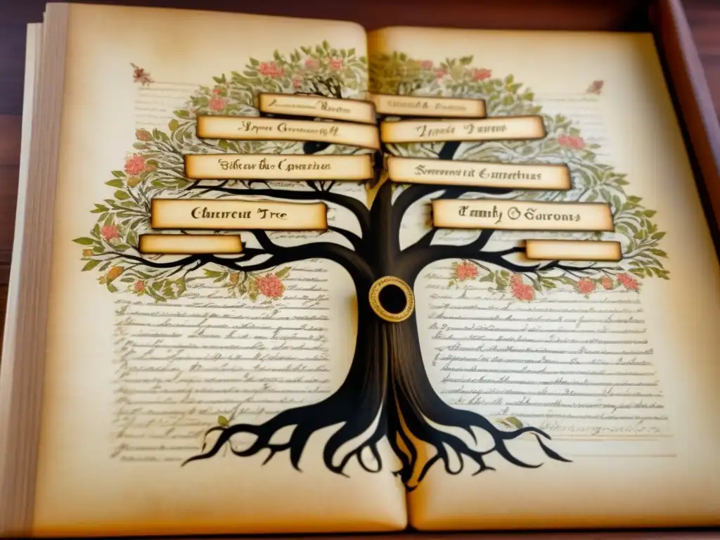 Descubre tus raíces en este ancestral árbol genealógico detallado en pergamino amarillento con caligrafía elegante y flores vintage