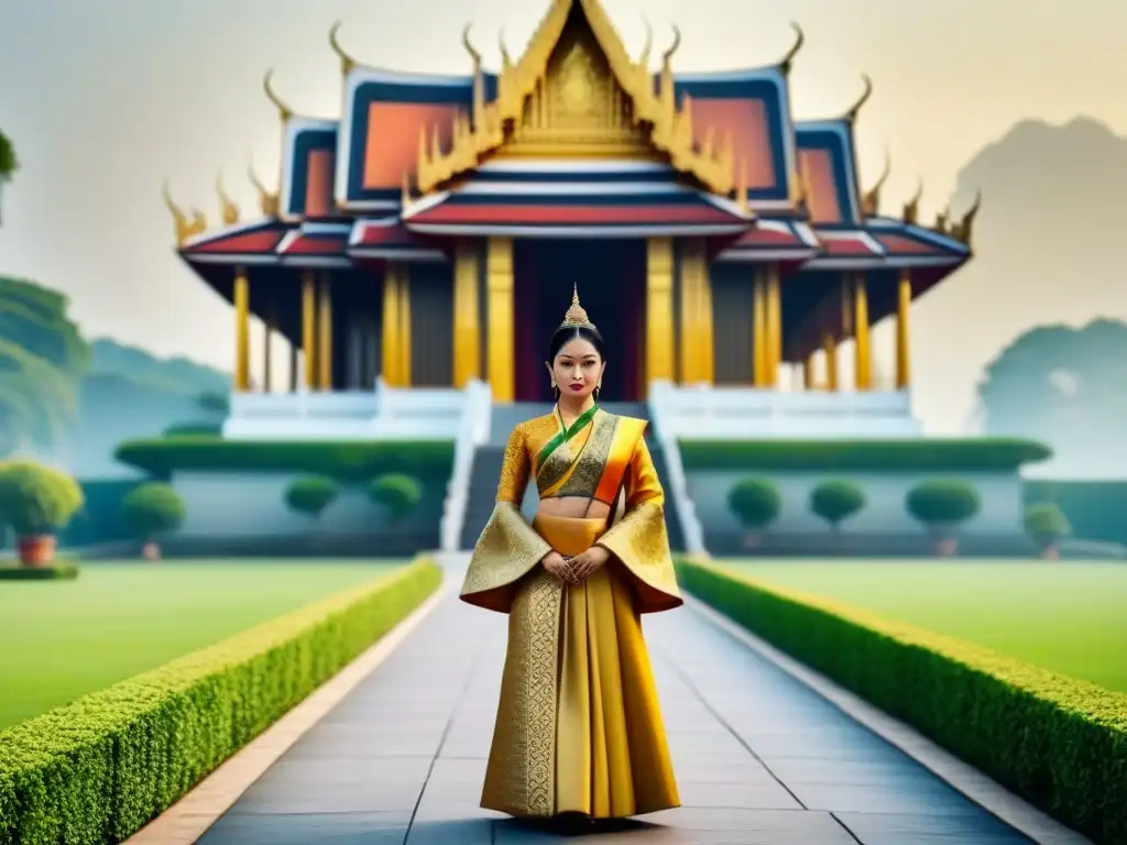 La realeza tailandesa en un majestuoso templo adornado con detalles dorados y grabados intrincados