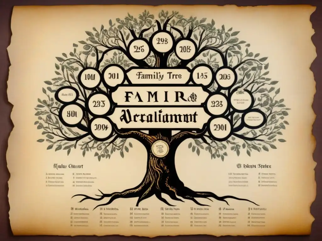 Reconstrucción de linajes perdidos registros: Detallado árbol genealógico vintage en pergamino envejecido con tinta y caligrafía elegante