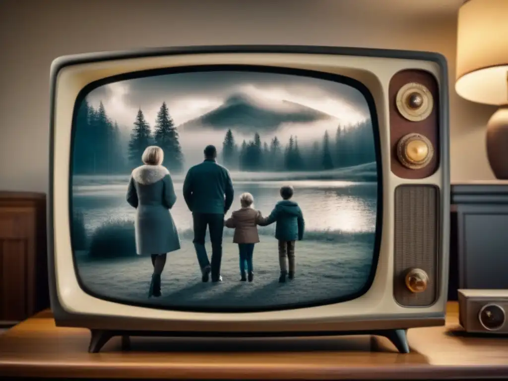 Salvaguardando recuerdos familiares en video: Familia viendo videos juntos en una televisión vintage, envueltos en risas y nostalgia