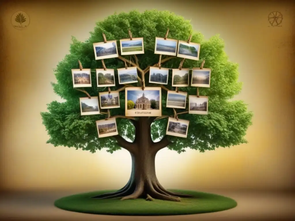 Recursos genealogía historia apellidos genealogistas: Detallado árbol familiar con fotos antiguas en ramas, sobre mapa sepia de pueblo histórico