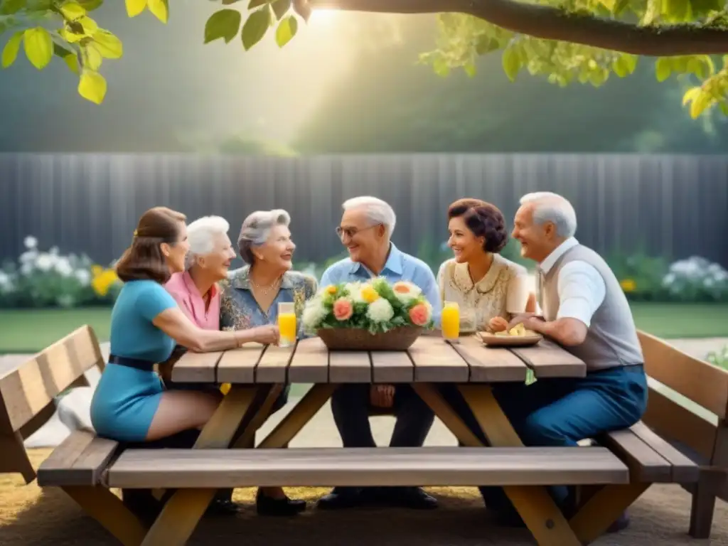 Reencuentro familiar en un jardín soleado: varias generaciones sonríen alrededor de una mesa de picnic