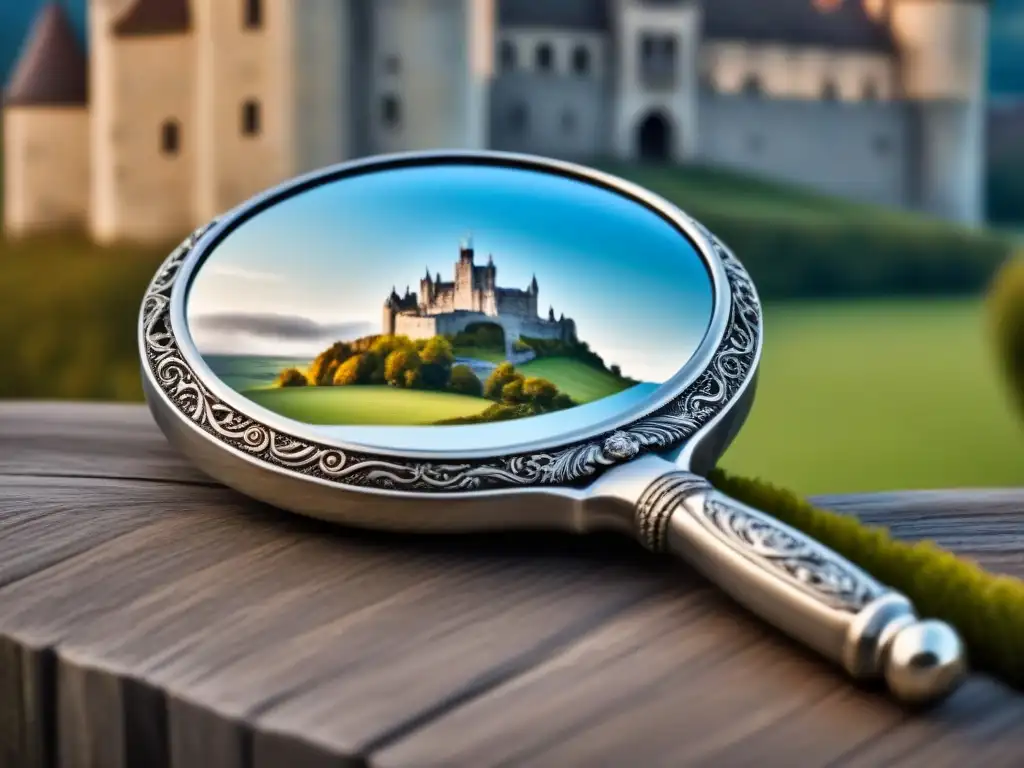 Reflejo de un castillo histórico en un espejo de mano vintage con detalles ornamentales de plata, conectando historia y tradición de apellido